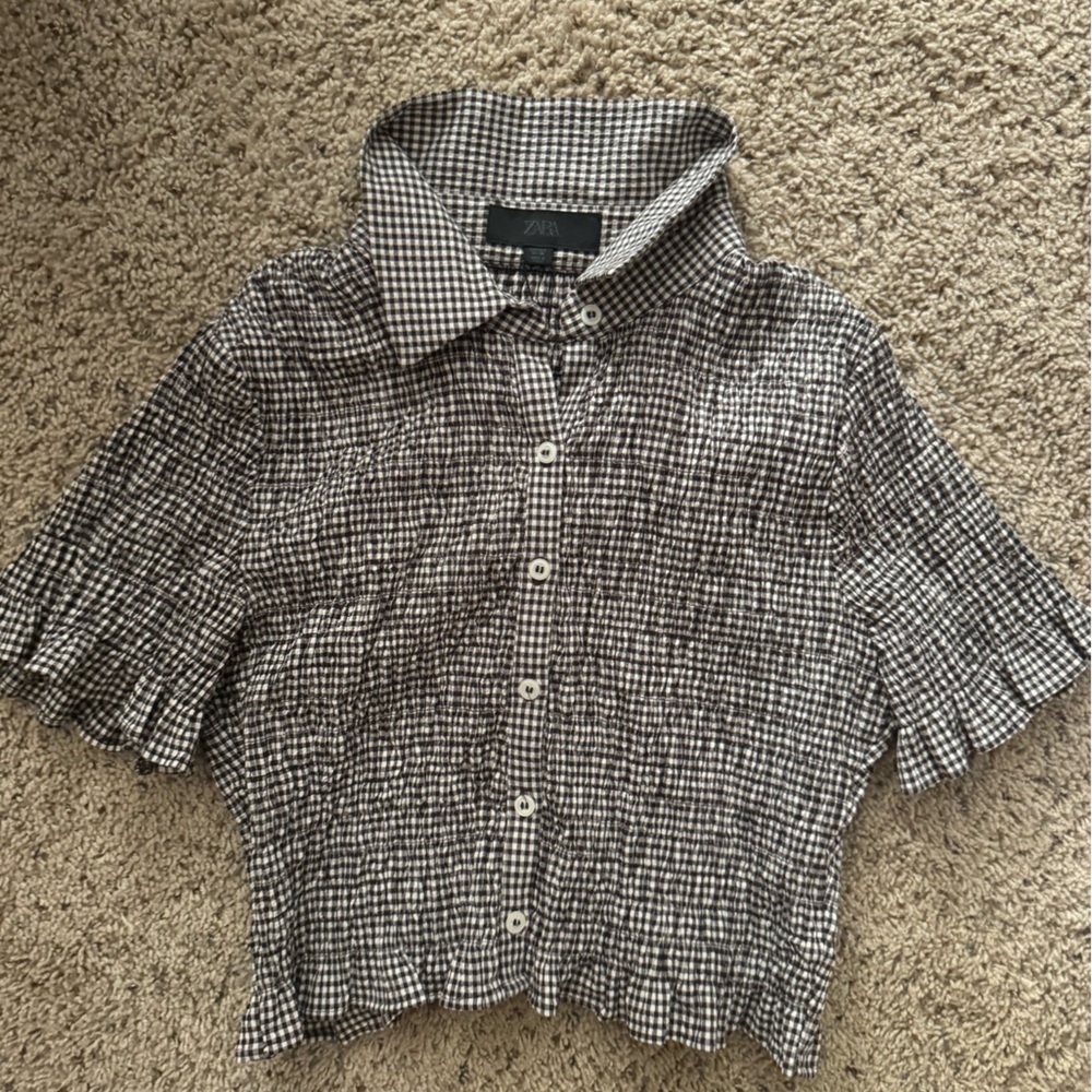 Zara Black&White Gingham Women's Ruffled Top